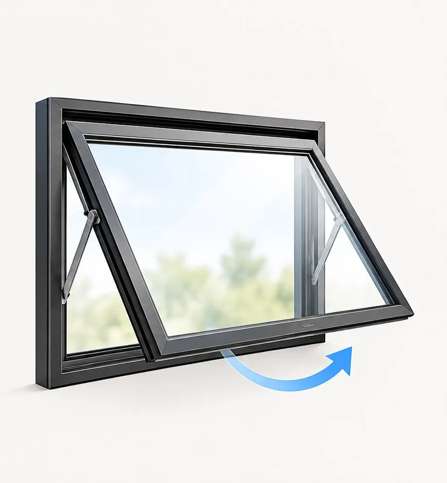 Awning window opening outward from the bottom