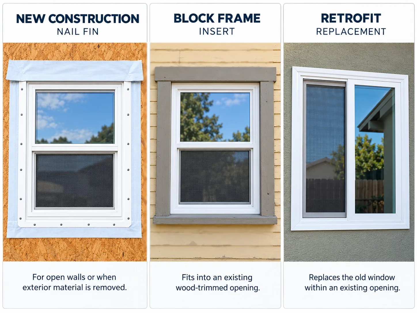 New Construction nail fin, Block Frame insert, and Retrofit replacement window comparison